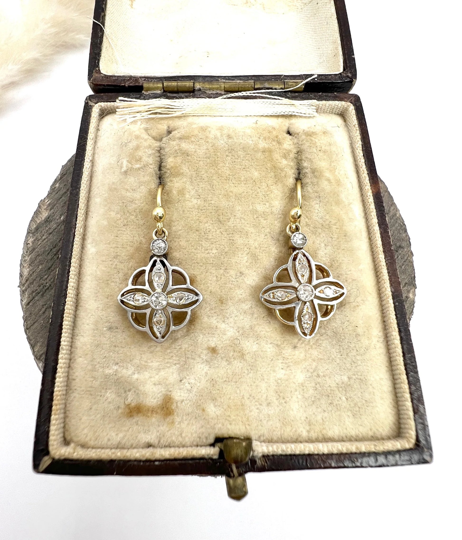 Antique 18ct Gold & Platinum, Edwardian era Diamond Drop Dangle Earrings