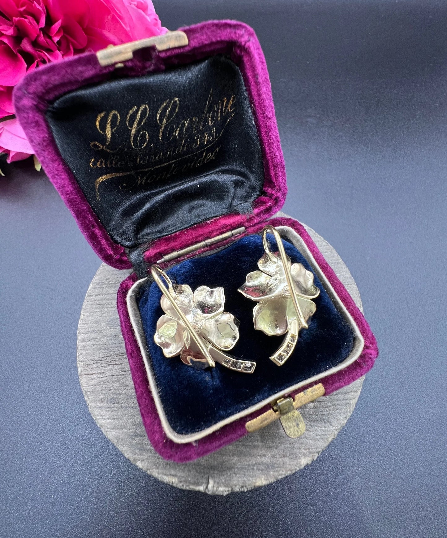Vintage 18 Carat Yellow and White Gold Diamond Flower Earrings, Circa 1940