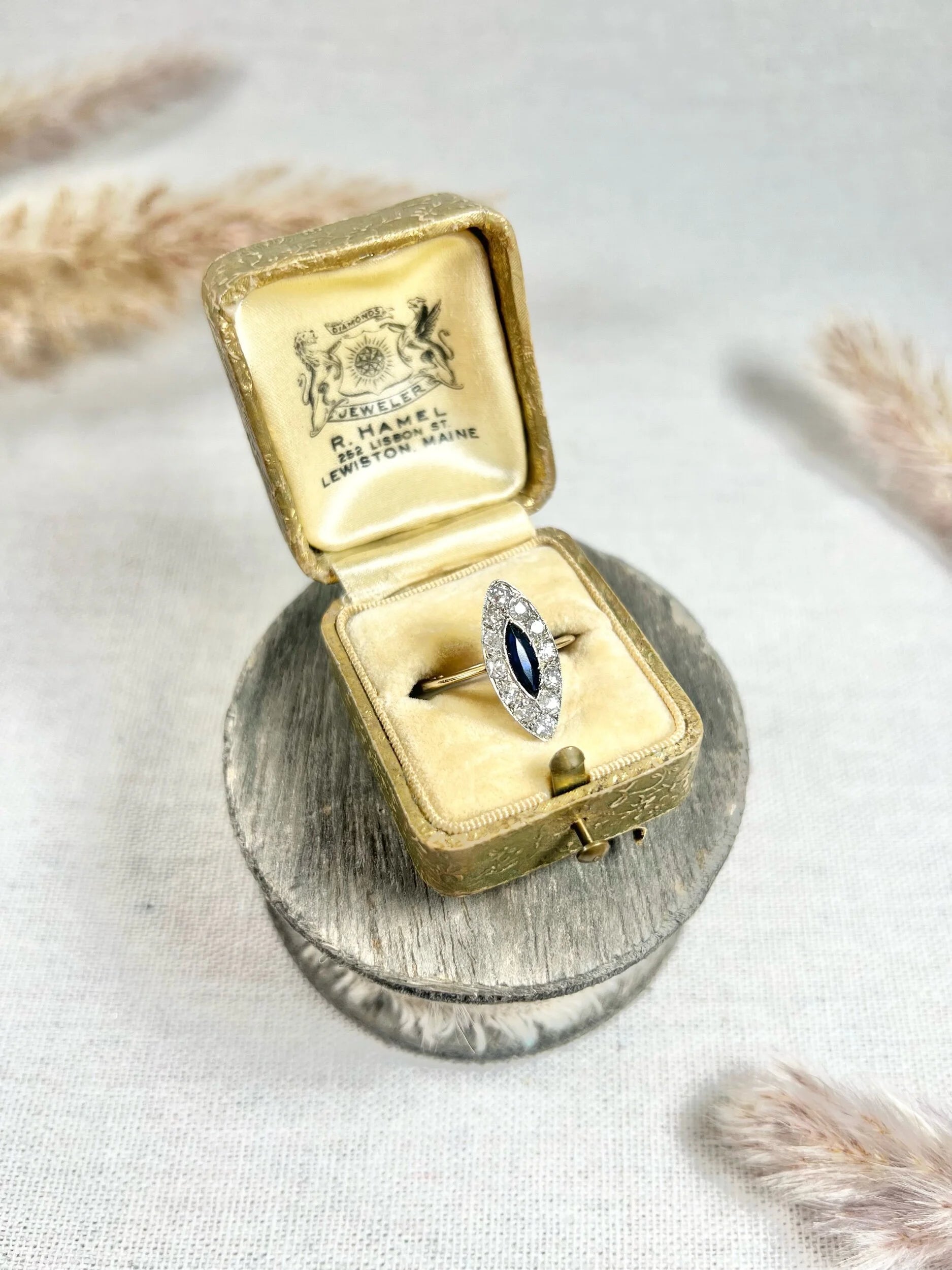 Edwardian 18 Carat Gold and Platinum Sapphire Diamond Marquise/Navette Ring