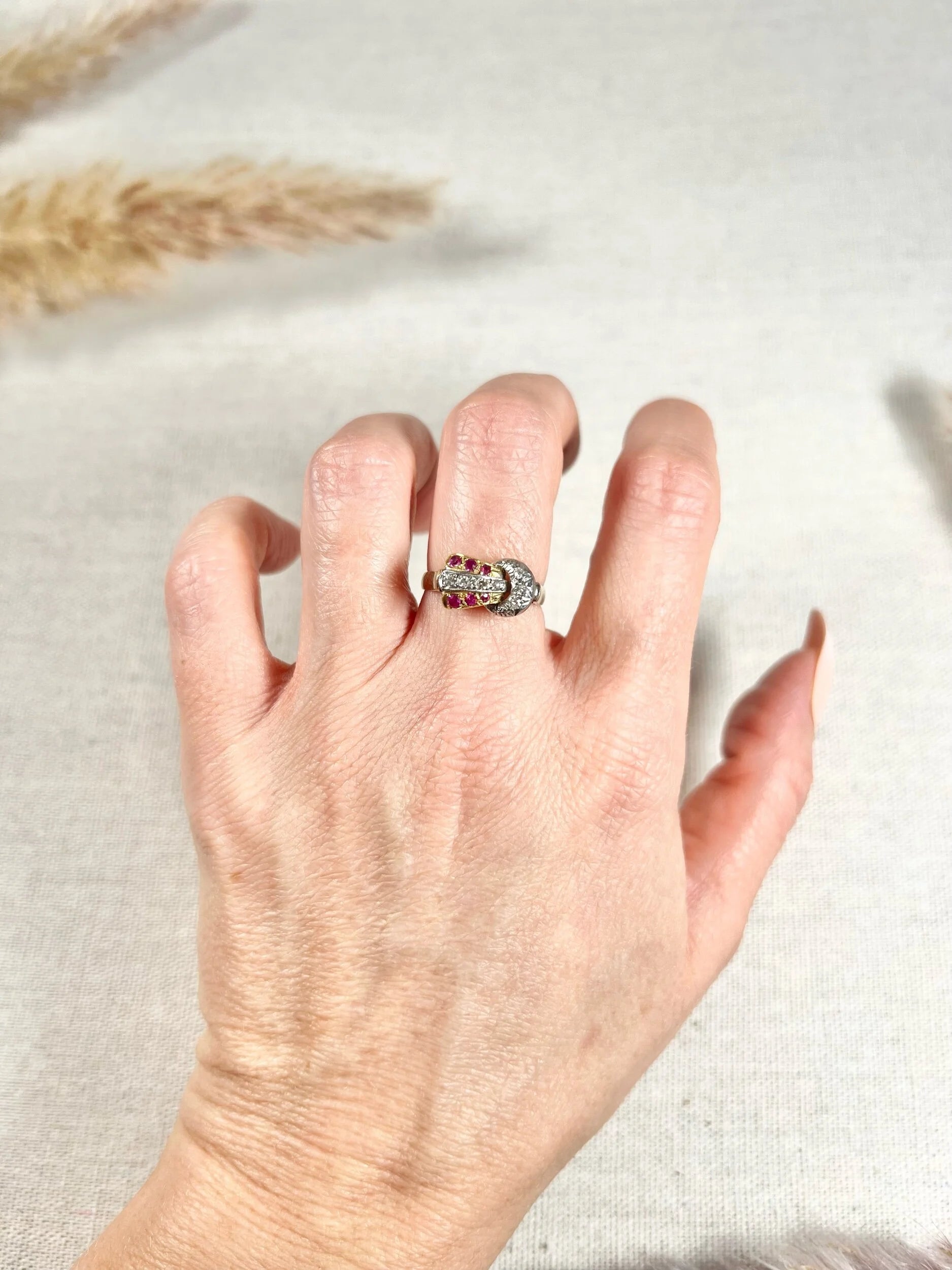 Vintage 1940s, 18ct Yellow & White Gold Ruby Diamond Set Buckle/Belt Cocktail Ring