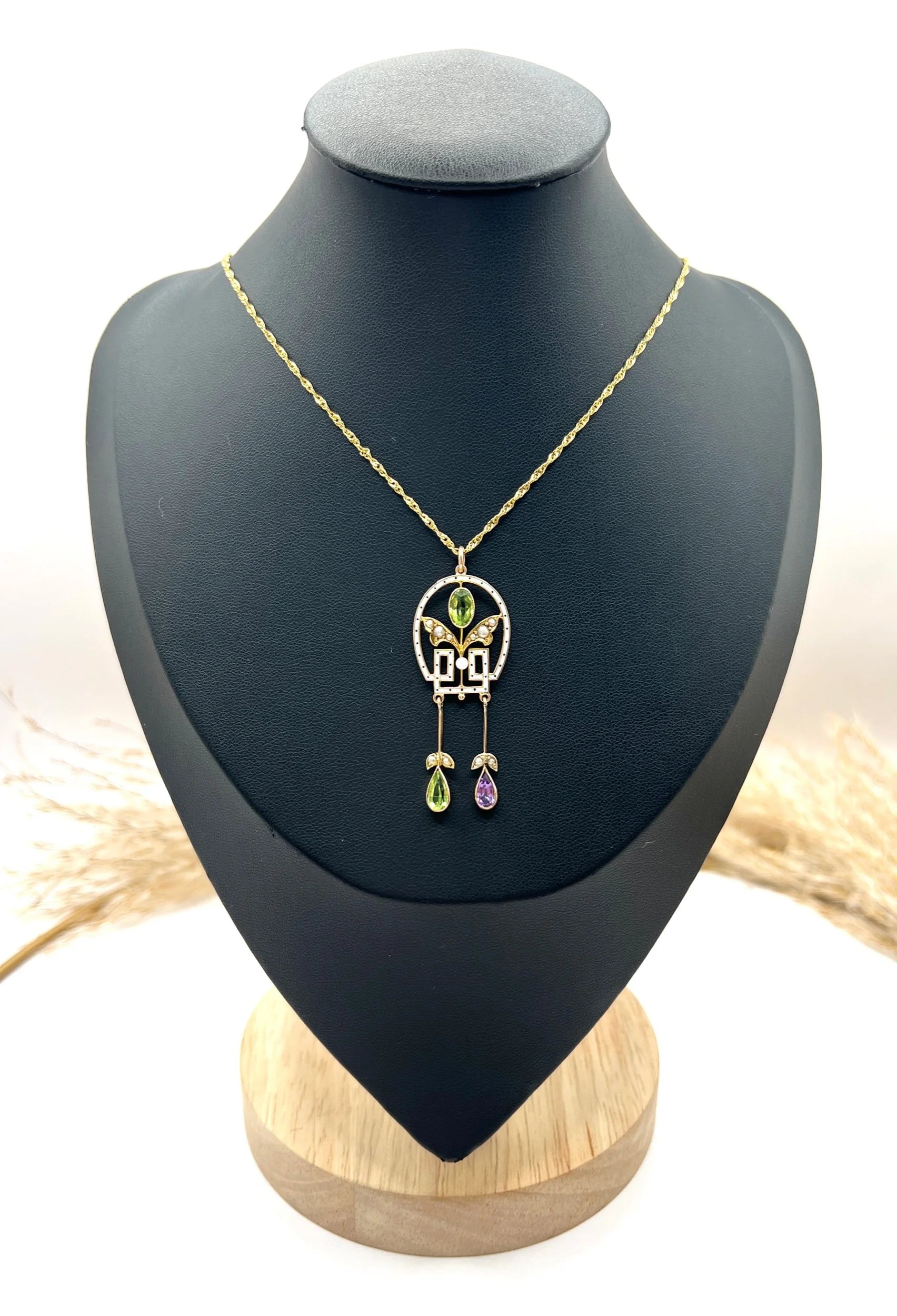 Antique 9 ct Gold, Edwardian Amethyst, Peridot, Seed Pearl And Enamel Suffragette Pendant