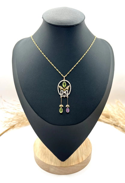 Antique 9 ct Gold, Edwardian Amethyst, Peridot, Seed Pearl And Enamel Suffragette Pendant