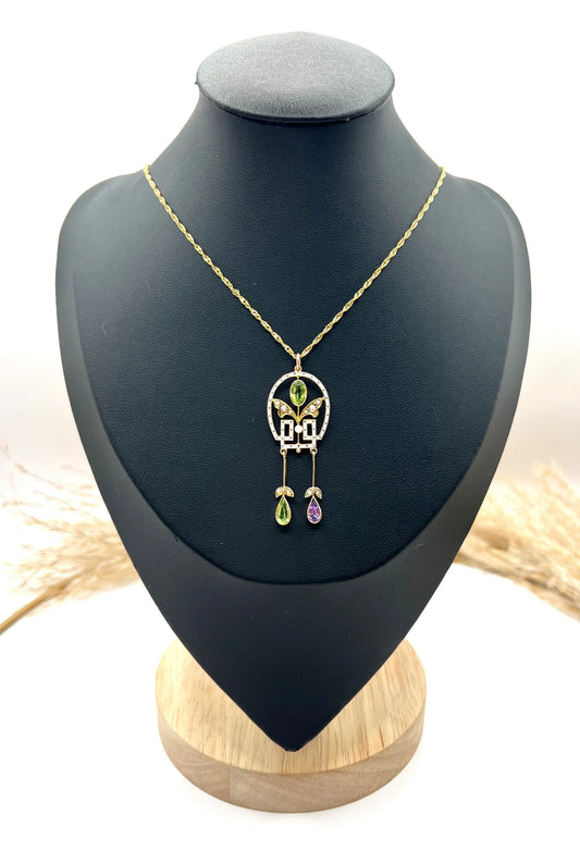 Antique 9ct Gold, Edwardian Amethyst, Peridot, Seed Pearl & Enamel Suffragette Pendant