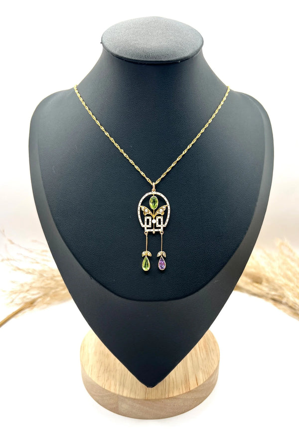 Antique 9 ct Gold, Edwardian Amethyst, Peridot, Seed Pearl And Enamel Suffragette Pendant