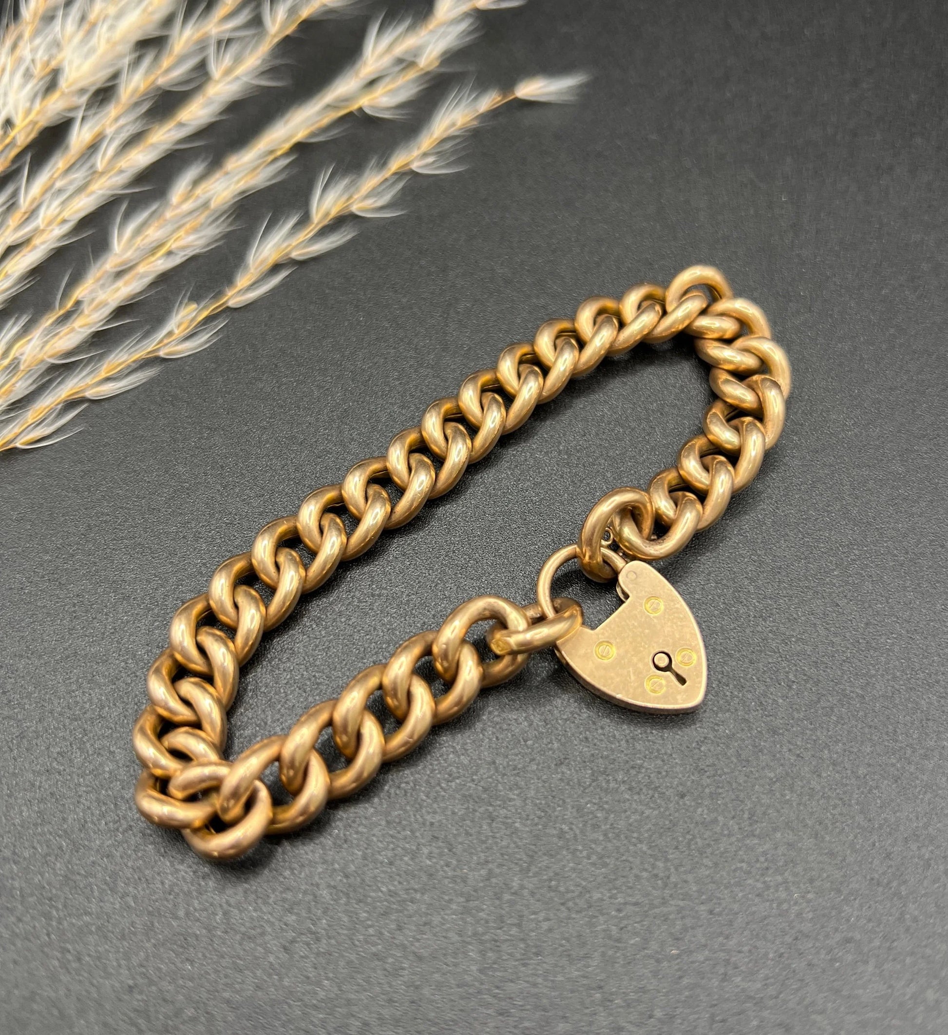Victorian 15 Carat Rose Gold Curb Link Bracelet with Heart Padlock Clasp, Circa 1880