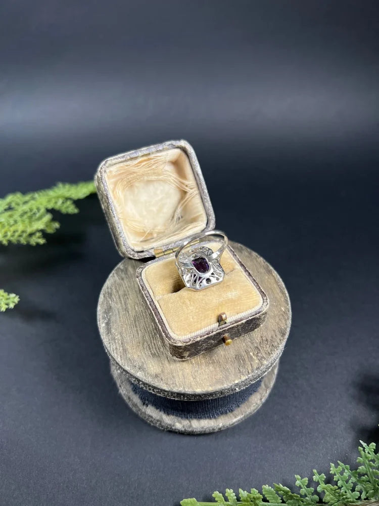 Antique Art Deco Amethyst and Diamond Rectangular Cluster Engagement Ring