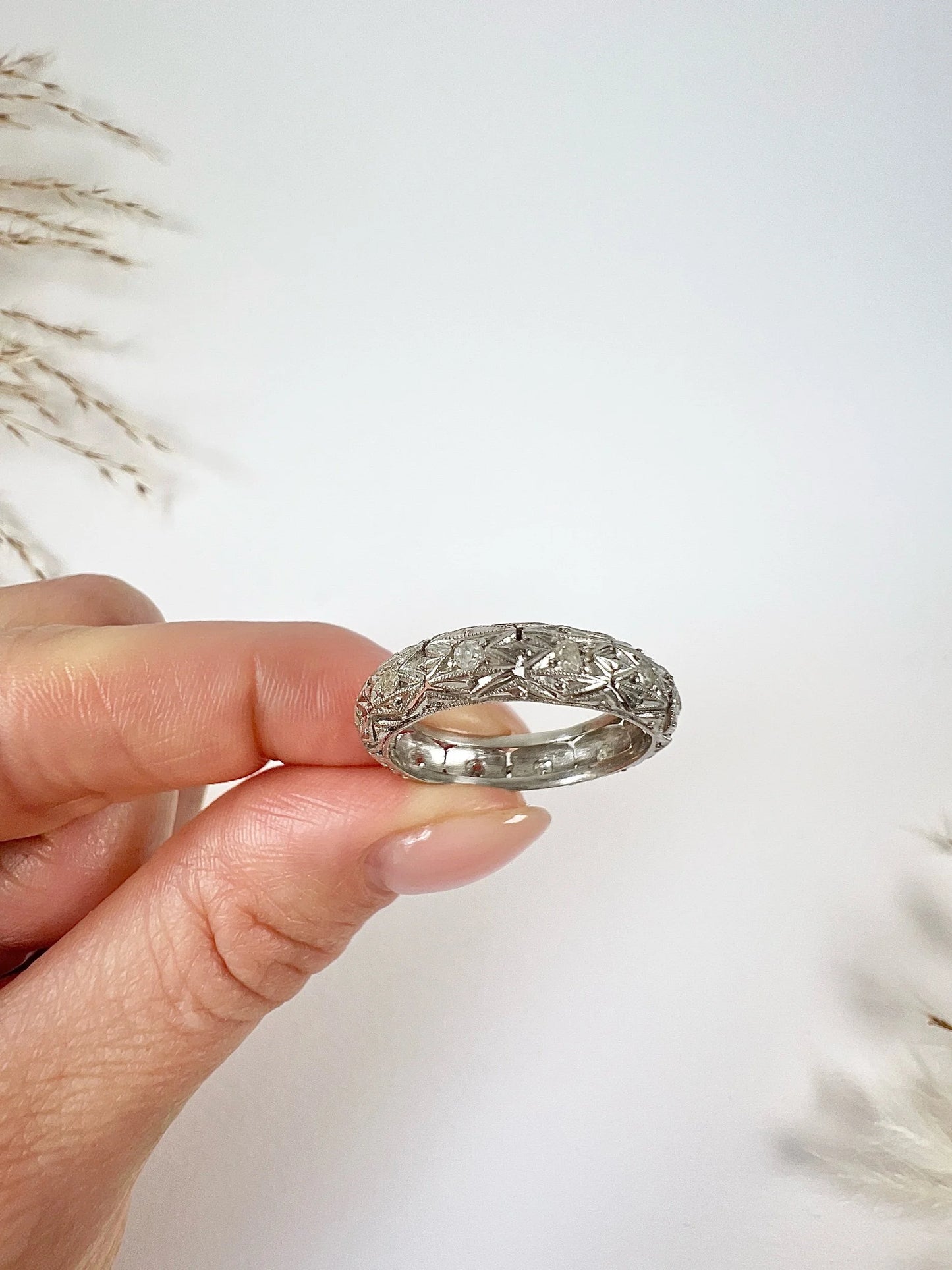 Art Deco Platinum Diamond Set Fancy Filigree Band Ring, Circa 1920