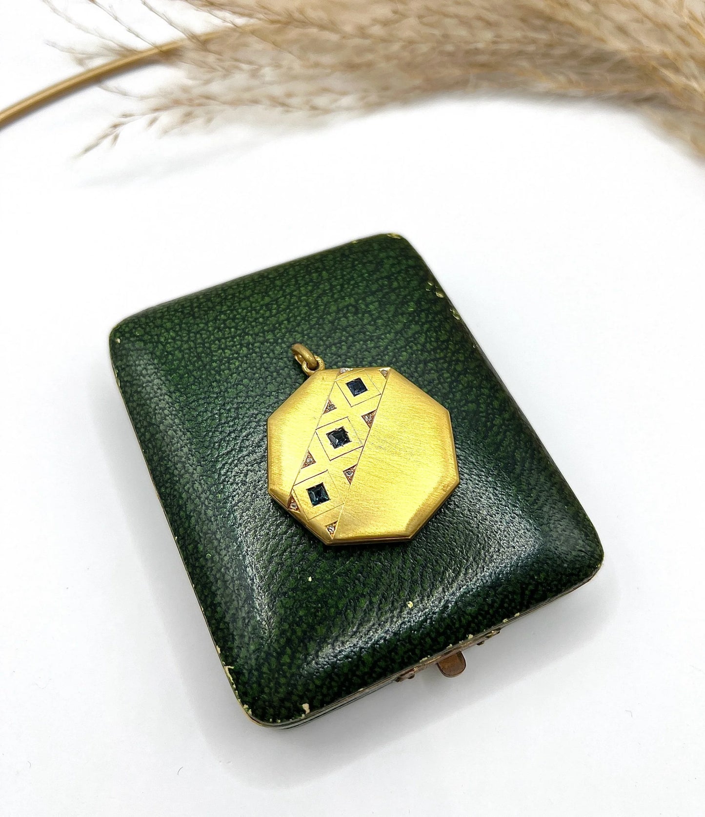 Vintage 15 Carat Yellow Gold Octagonal Shaped Sapphire and Diamond Locket, Circa 1930