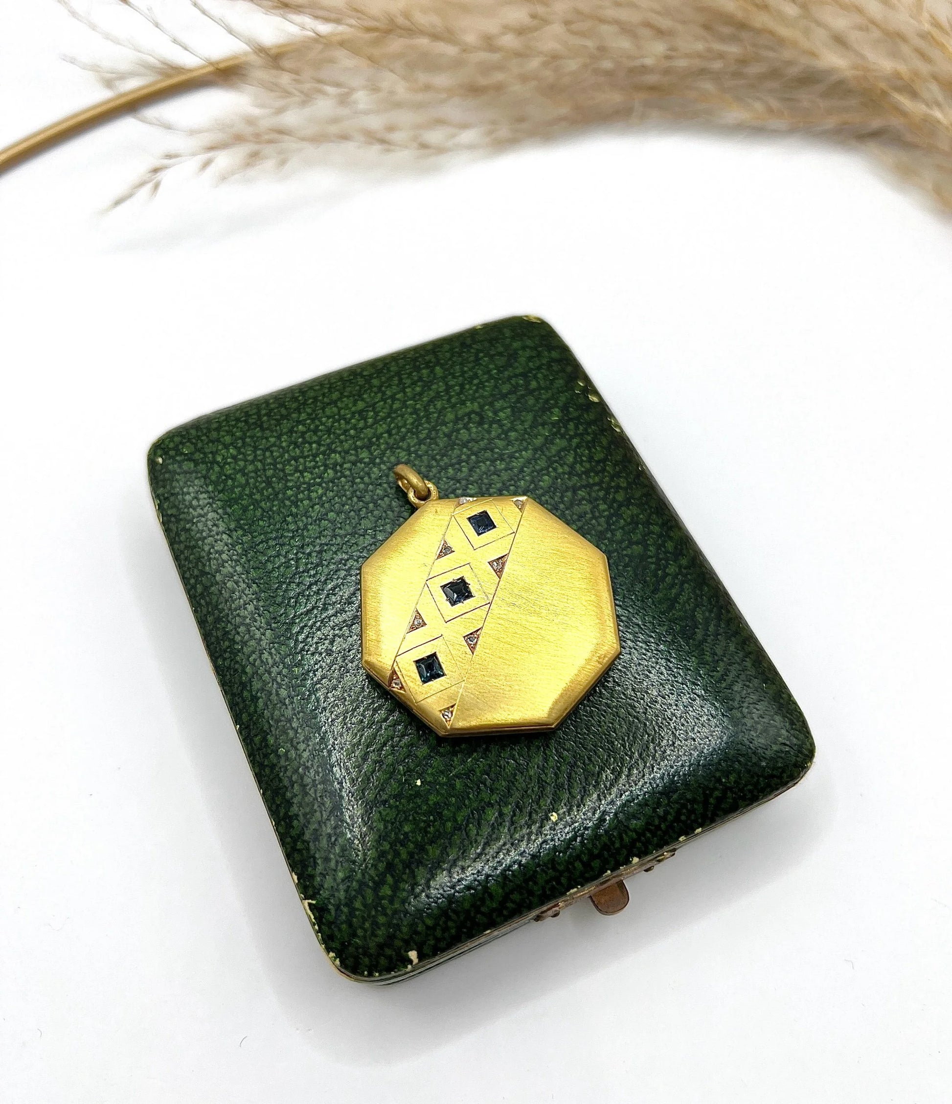 Vintage 15 Carat Yellow Gold Octagonal Shaped Sapphire and Diamond Locket, Circa 1930