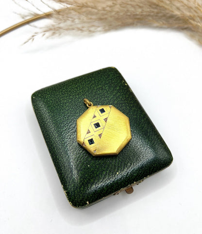 Vintage 15 Carat Yellow Gold Octagonal Shaped Sapphire and Diamond Locket, Circa 1930
