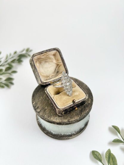 Antique Edwardian Diamond Navette Statement Ring in 18ct White Gold