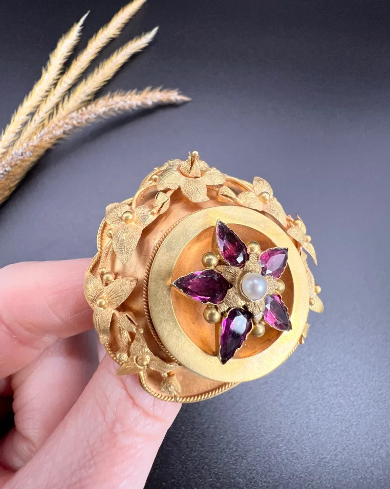 Antique Floral Etruscan Brooch In 15 Carat Yellow Gold