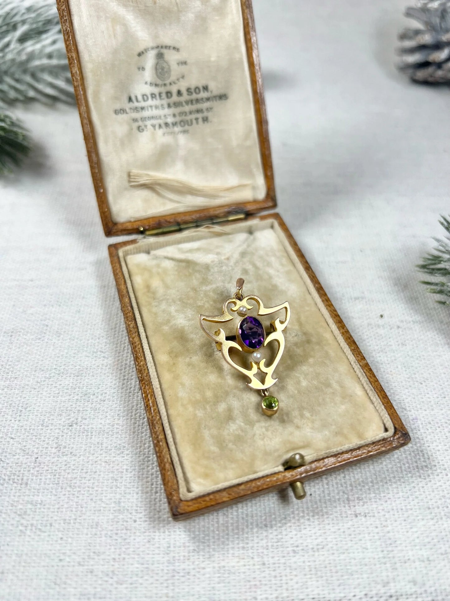 Antique 9ct Gold, Edwardian Amethyst, Pearl & Peridot Suffragette Pendant/Brooch