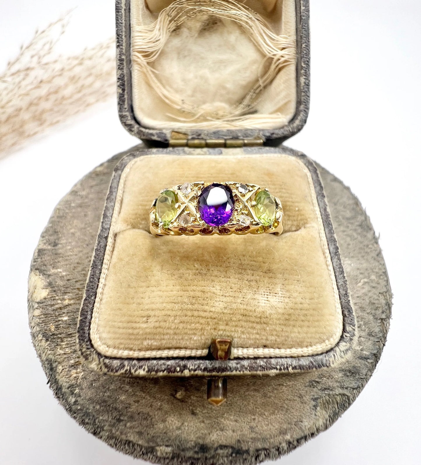 Antique 18 ct Yellow Gold, Amethyst, Diamond And Peridot Suffragette Ring