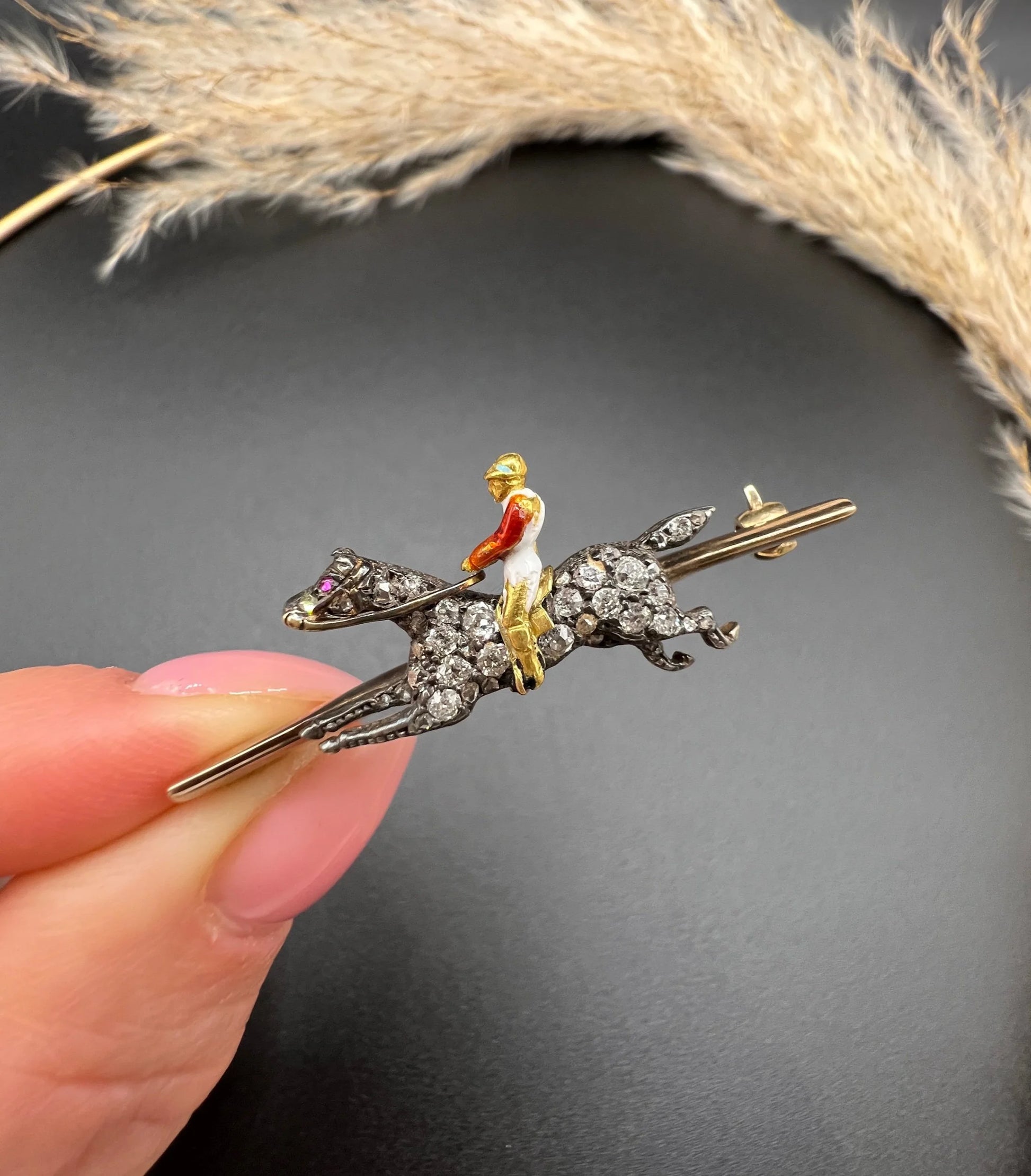 Antique 18 Carat Gold and Silver Diamond Horse and Enamel Jockey Brooch, Circa 1900