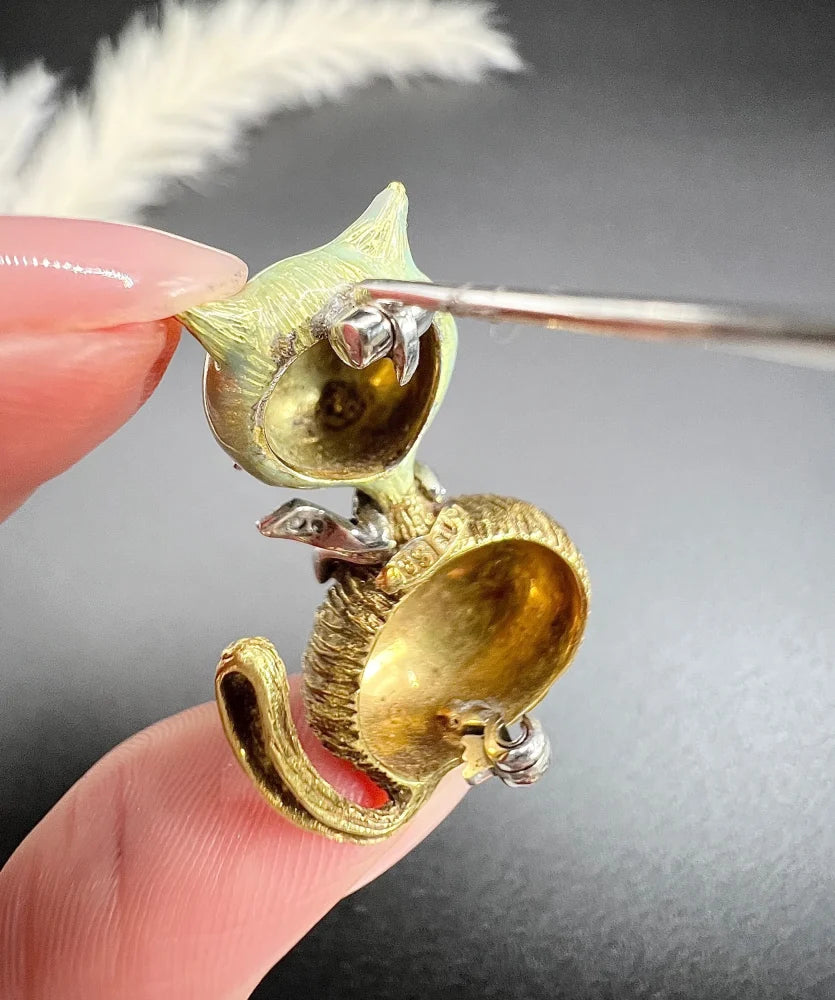 Vintage Enamel And Old Cut Diamond Cat Brooch In 18 Carat Yellow Gold