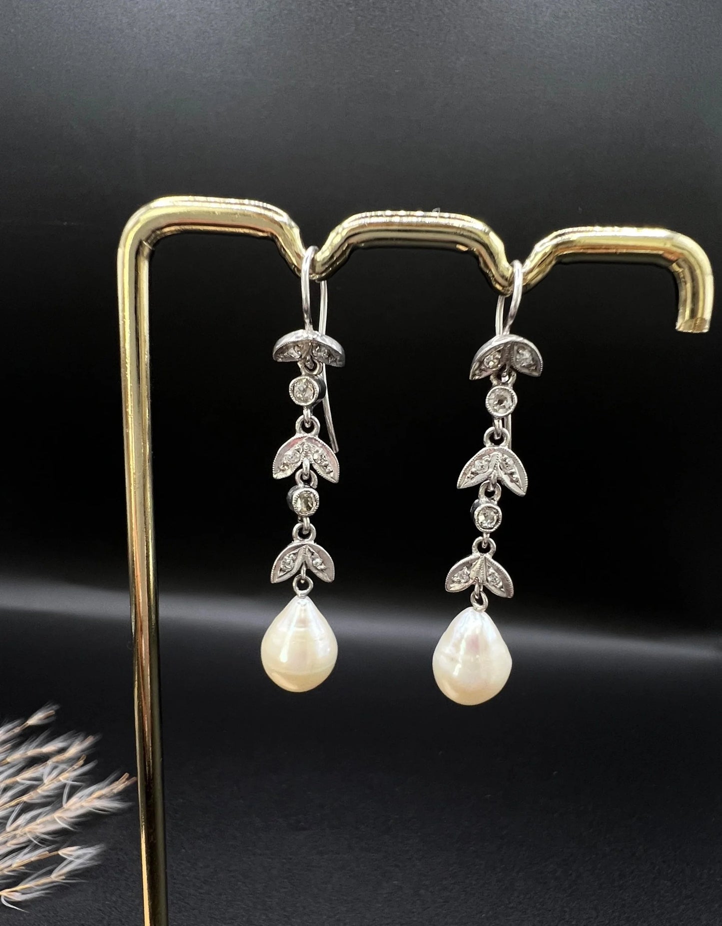 Antique 18 ct White Gold, 1920's Diamond And Pearl Drop Earrings