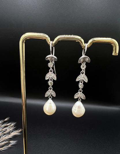 Antique 18 ct White Gold, 1920's Diamond And Pearl Drop Earrings