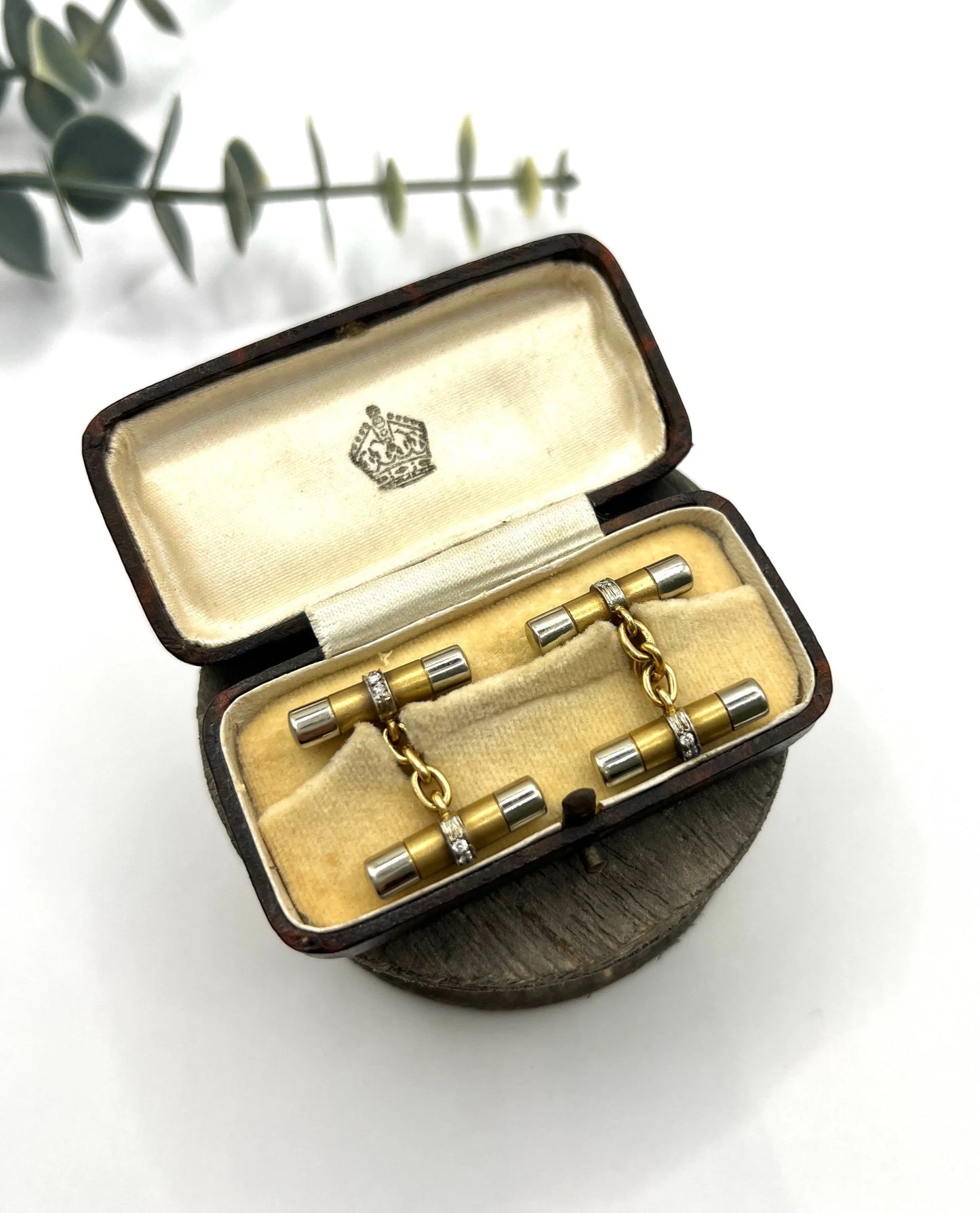 Art Deco French 18 Carat Gold and Platinum Diamond Barrel Cufflinks, Circa 1920