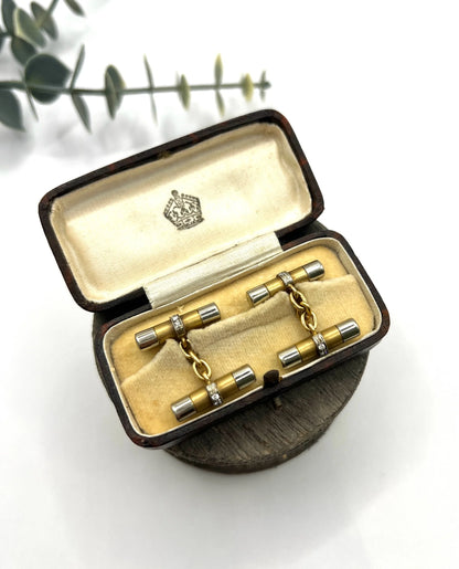 Art Deco French 18 Carat Gold and Platinum Diamond Barrel Cufflinks, Circa 1920