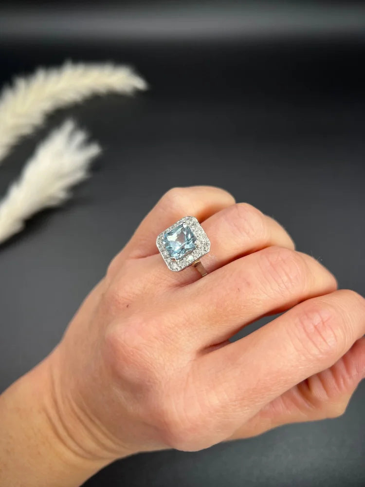 Art Deco Square Cut Aquamarine and Diamond Cluster Ring