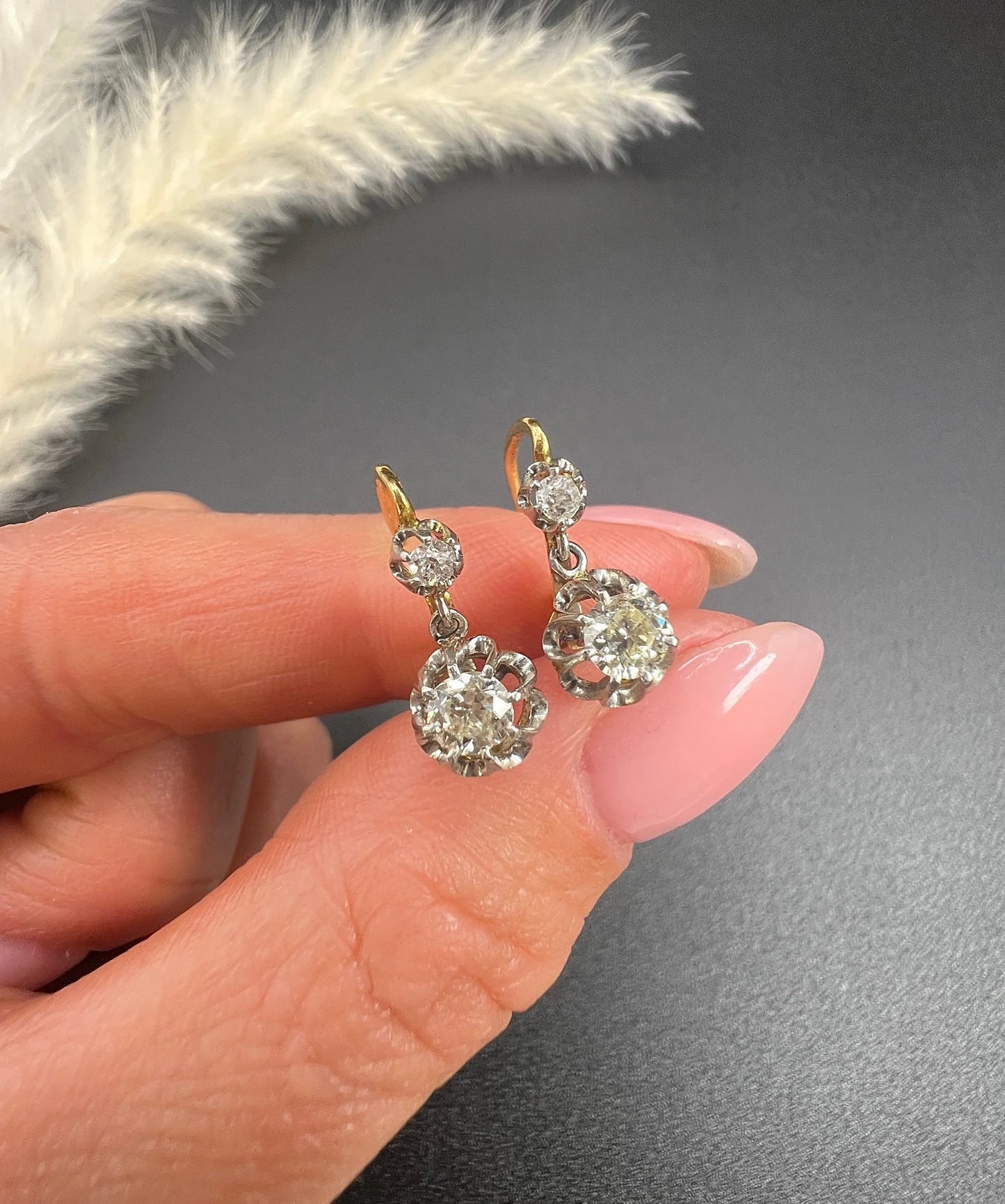 Antique 18ct Gold & Platinum Old Cut Diamond Drop Dangle Earrings