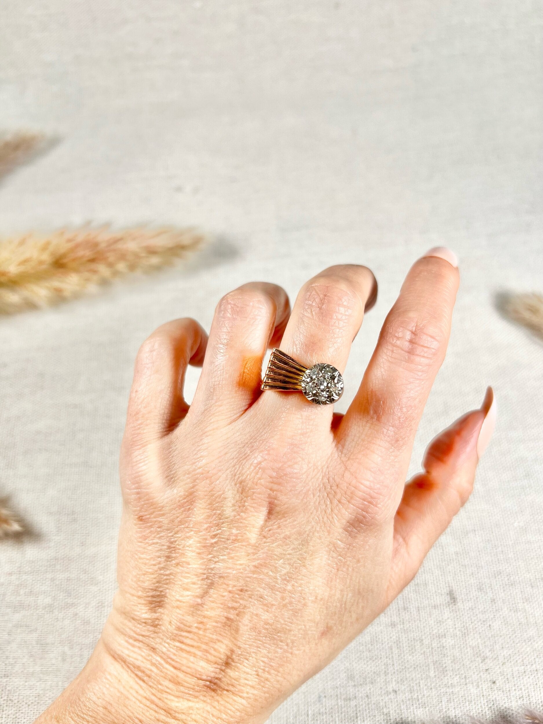 Vintage 18 Carat Rose Gold Diamond Bombé and Fan Cocktail Ring, Circa 1940