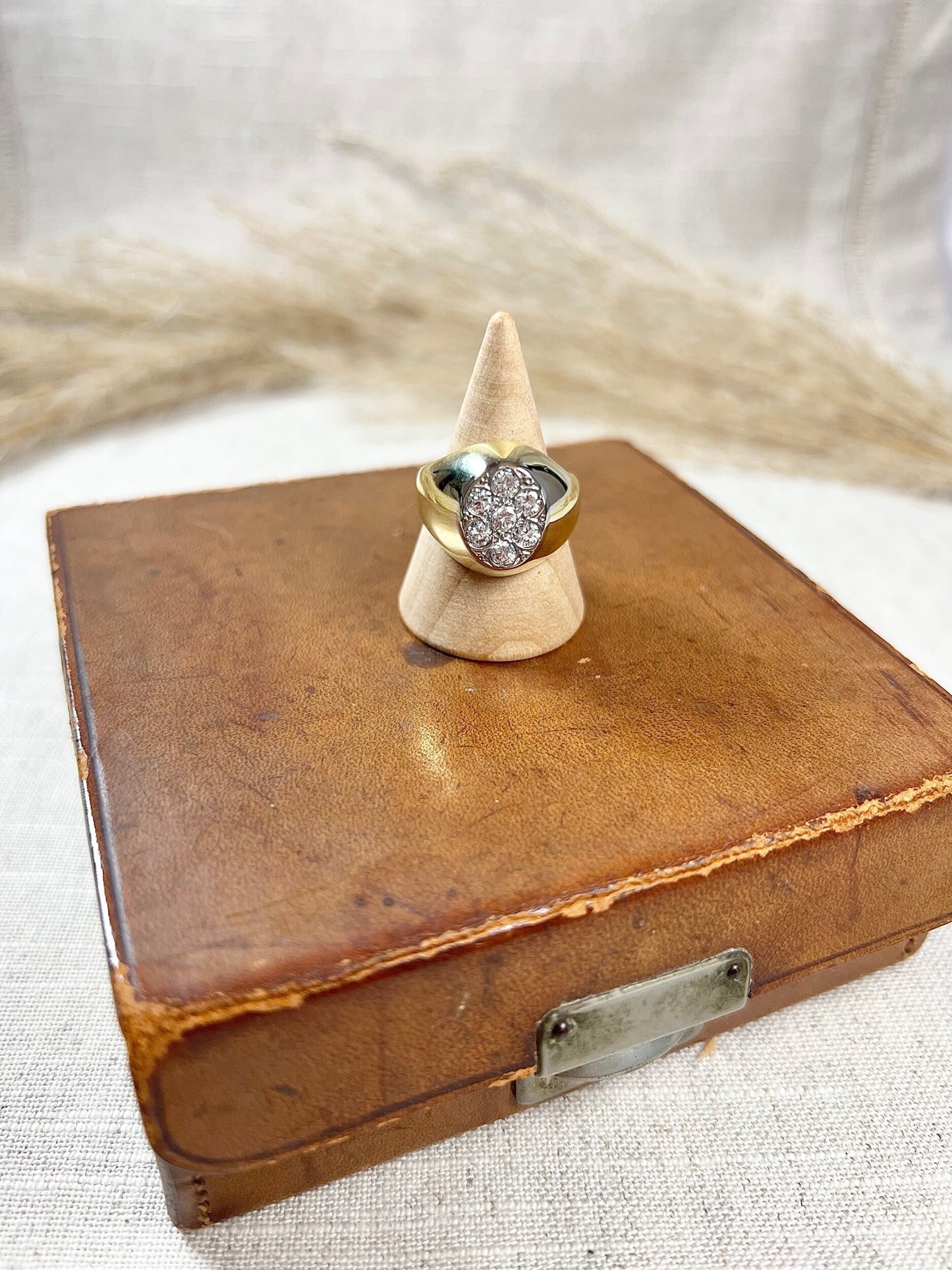 Vintage French Diamond Encrusted Oval Shaped Signet Ring