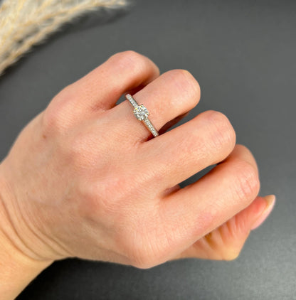 18 Carat White Gold Diamond Engagement Ring with Diamond Shoulders, 0.78 Carats