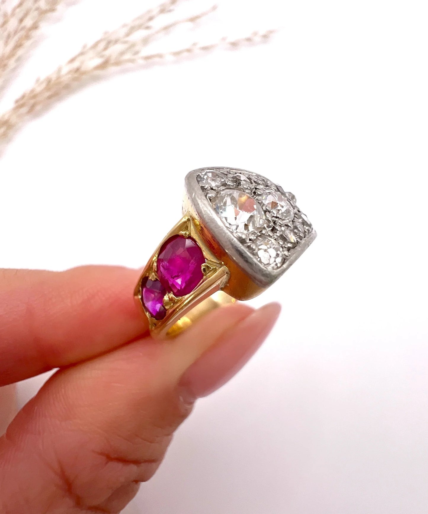 Antique French 18 Carat Gold, Platinum, Ruby and Diamond Buckle Ring