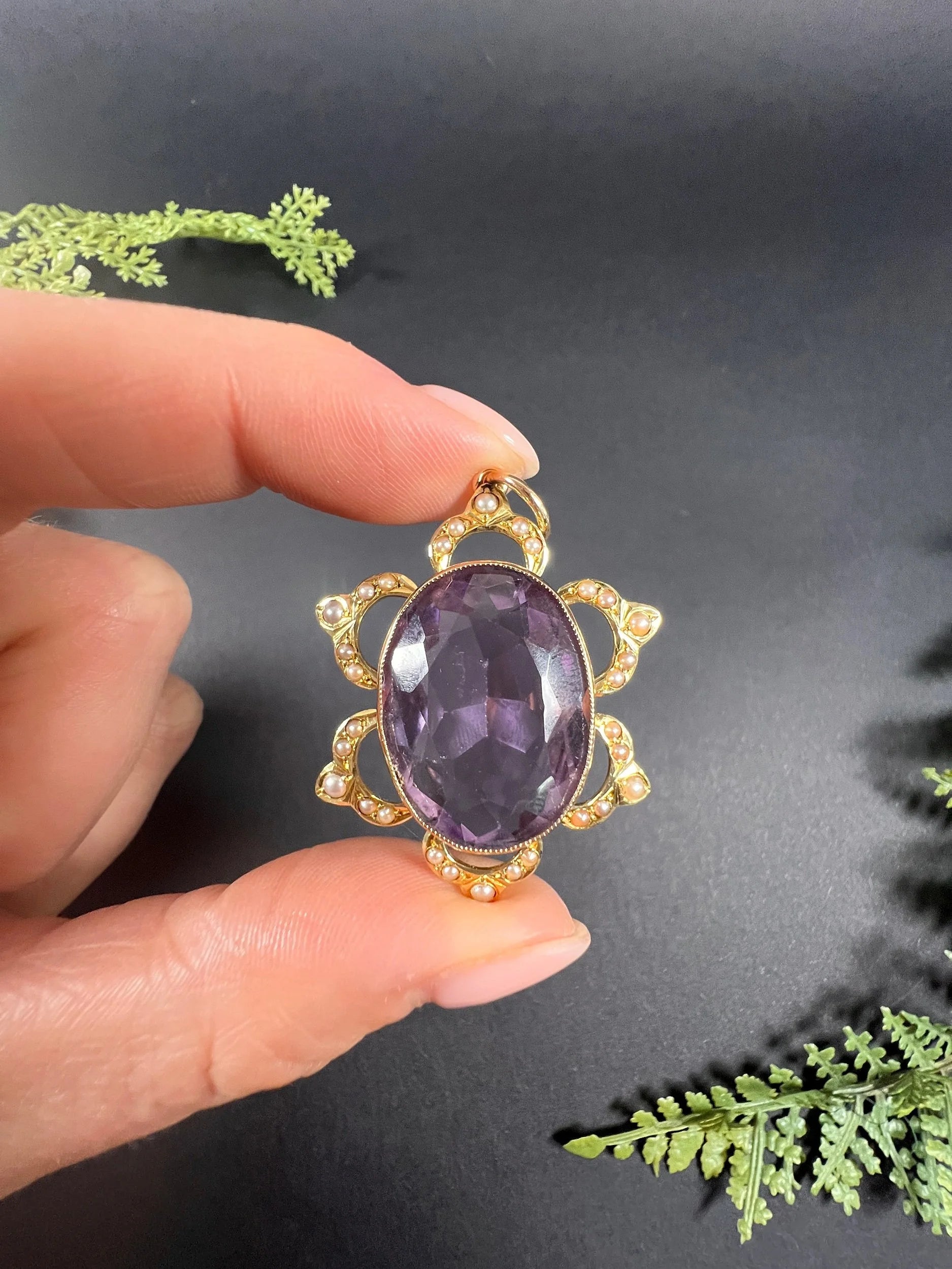 Antique 15 ct Yellow Gold, Edwardian Large Oval Faceted Amethyst And Seed Pearl Pendant