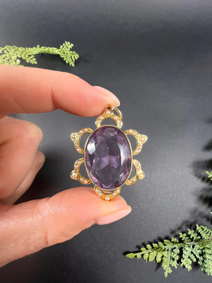 Antique 15 ct Yellow Gold, Edwardian Large Oval Faceted Amethyst And Seed Pearl Pendant