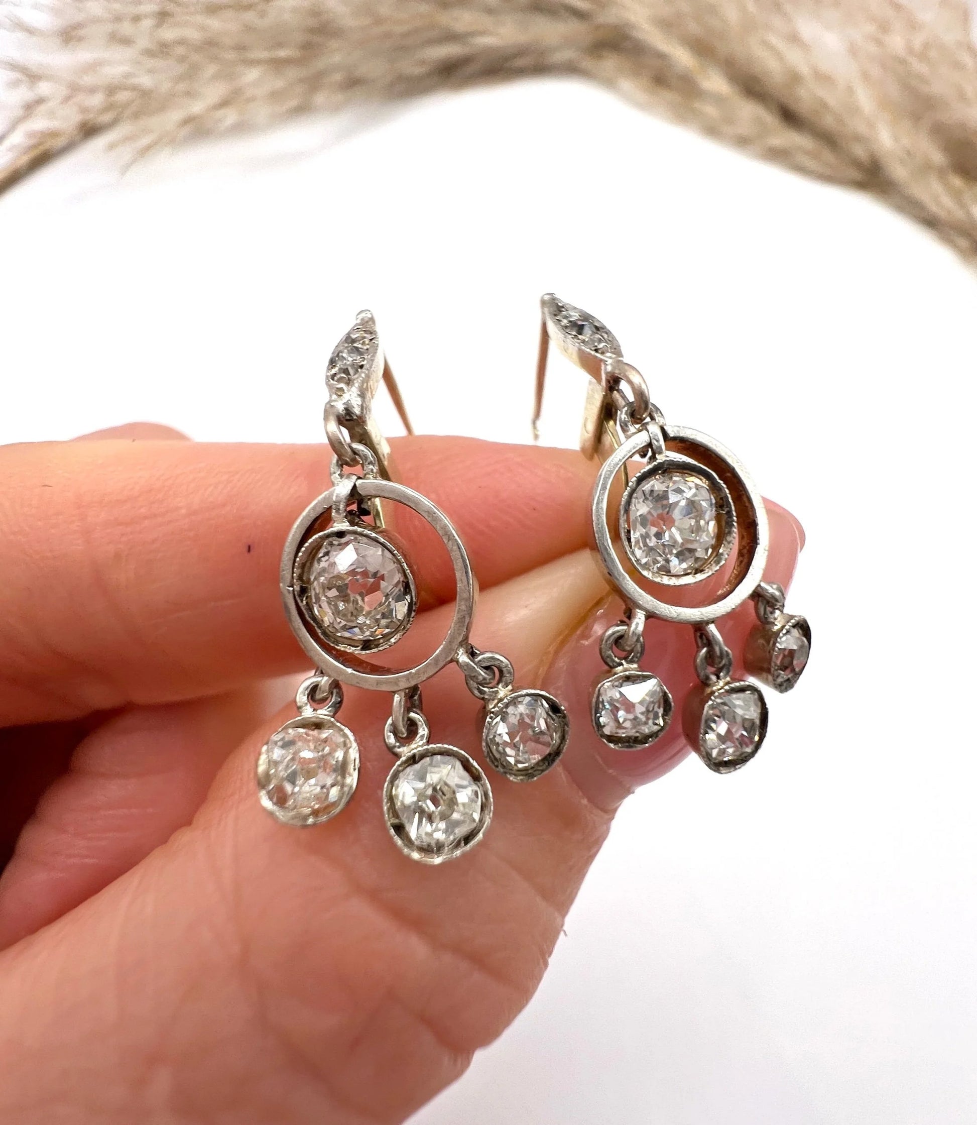 Edwardian 18 Carat Gold, Platinum and Diamond Drop Earrings, 1.90 Carats
