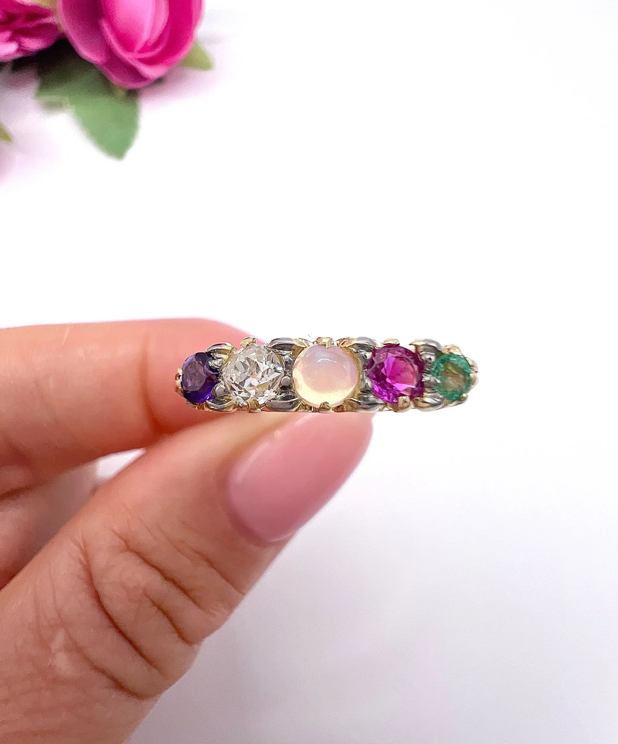 Victorian 18 Carat Gold ADORE Amethyst, Diamond, Opal, Ruby and Emerald Ring