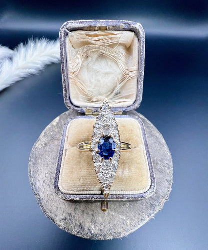 Antique 9 ct Yellow Gold, Victorian Sapphire And Diamond Marquise Navette Shaped Ring
