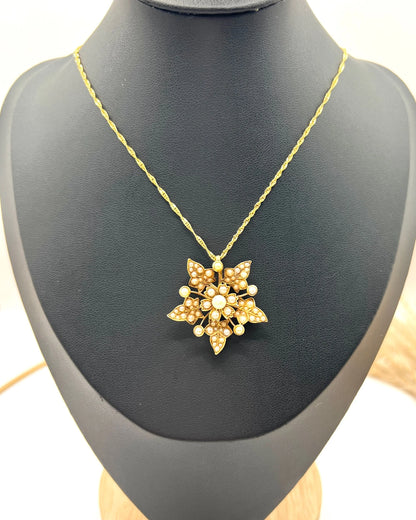 Antique 15 ct Gold, Edwardian Natural Seed Pearl Flower Pendant/Brooch