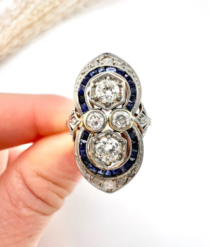 Antique Art Deco Diamond And Sapphire Ring In 18 Carat Yellow Gold And Platinum