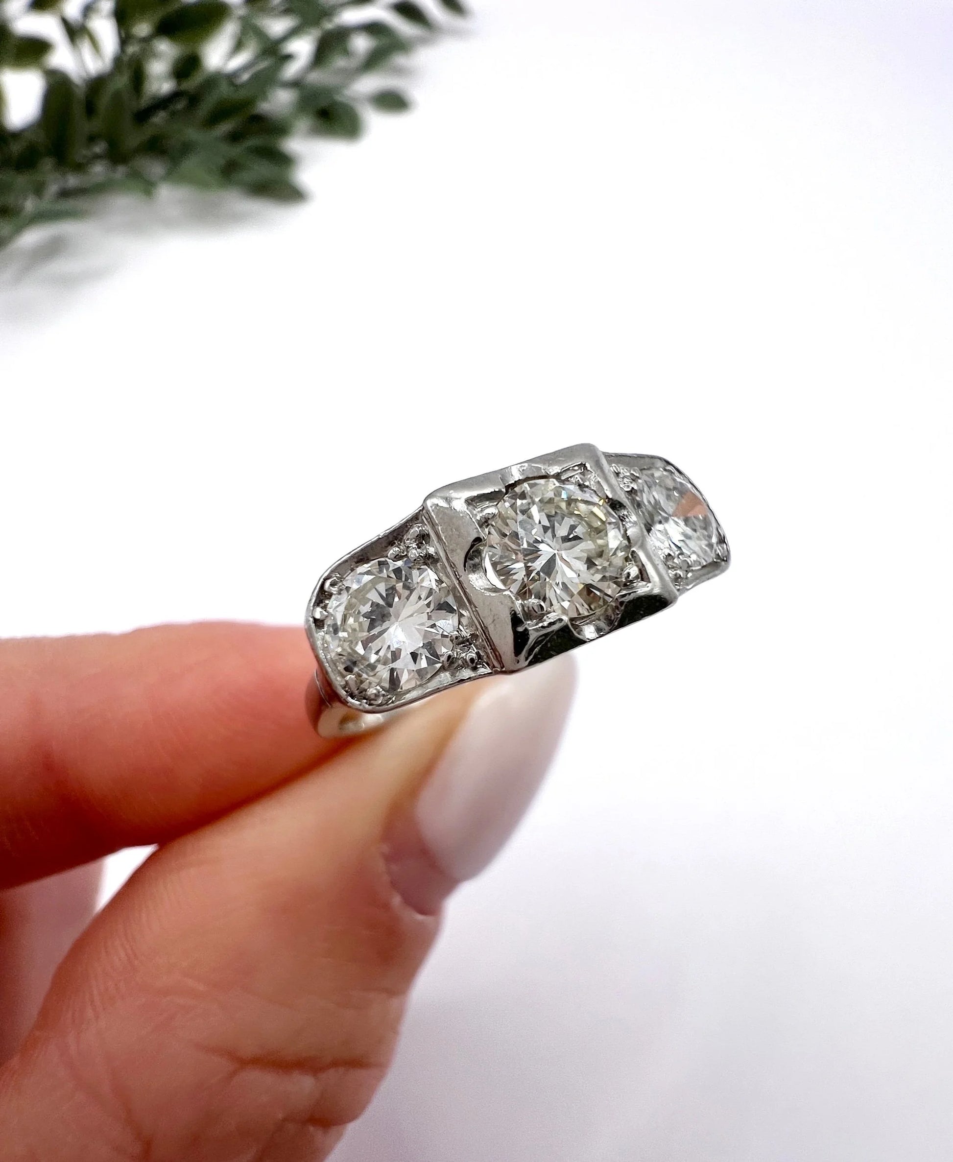 Antique Art Deco Platinum Three Stone Diamond Ring, 1.20 Carats, Circa 1920