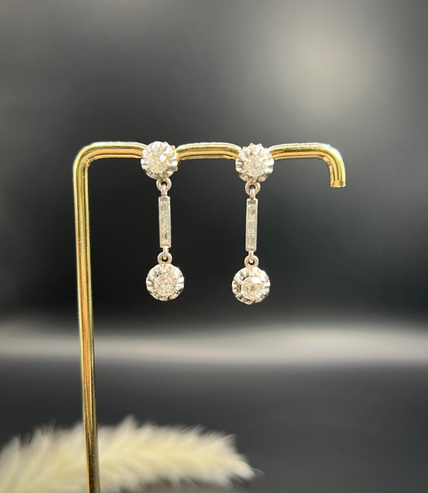 Antique Art Deco 1.6ct Old Cut Diamond Dormeuse Drop Earrings