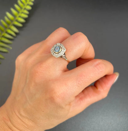 Antique Aquamarine And Diamond Cluster Ring In 18 Carat Yellow Gold And Platinum