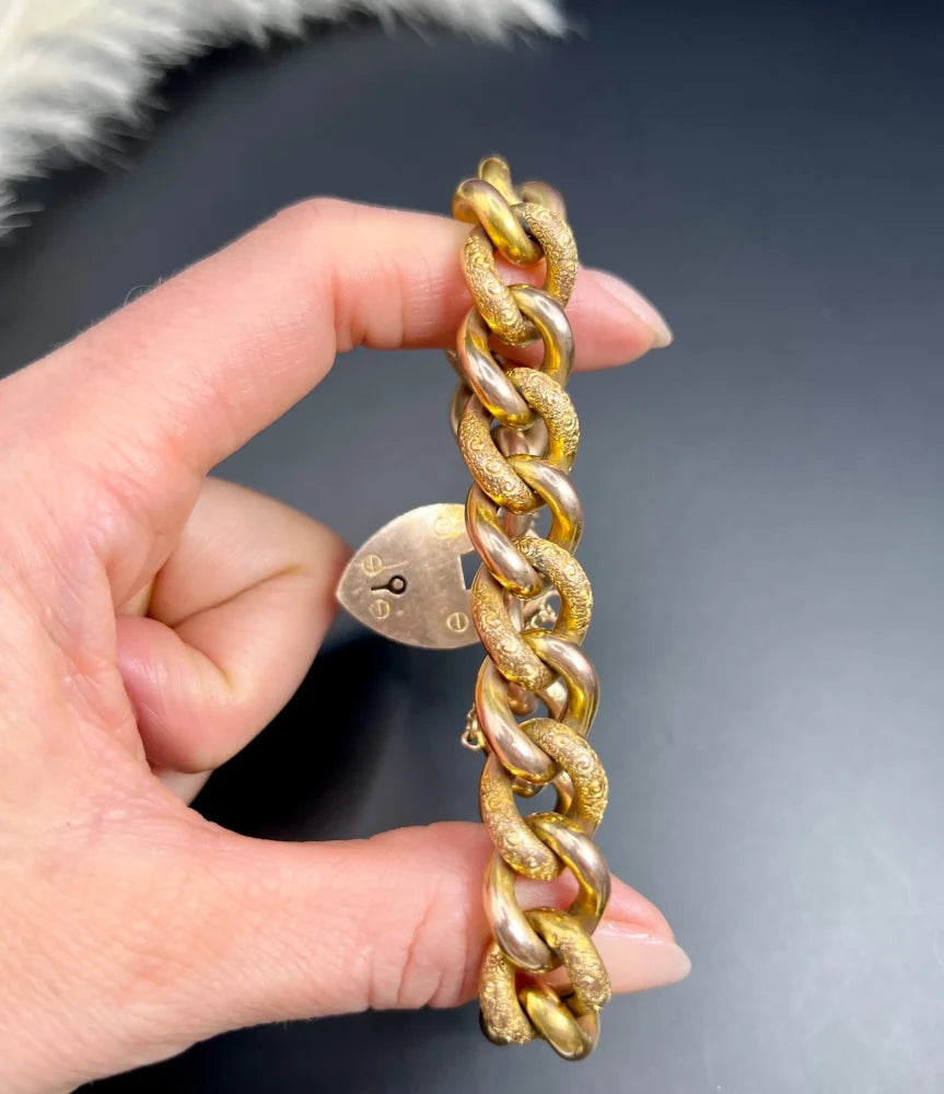 Antique 9 Carat Rose Gold Night & Day Curb Bracelet With Heart Padlock Clasp