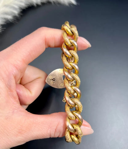 Antique 9 Carat Rose Gold Night & Day Curb Bracelet With Heart Padlock Clasp