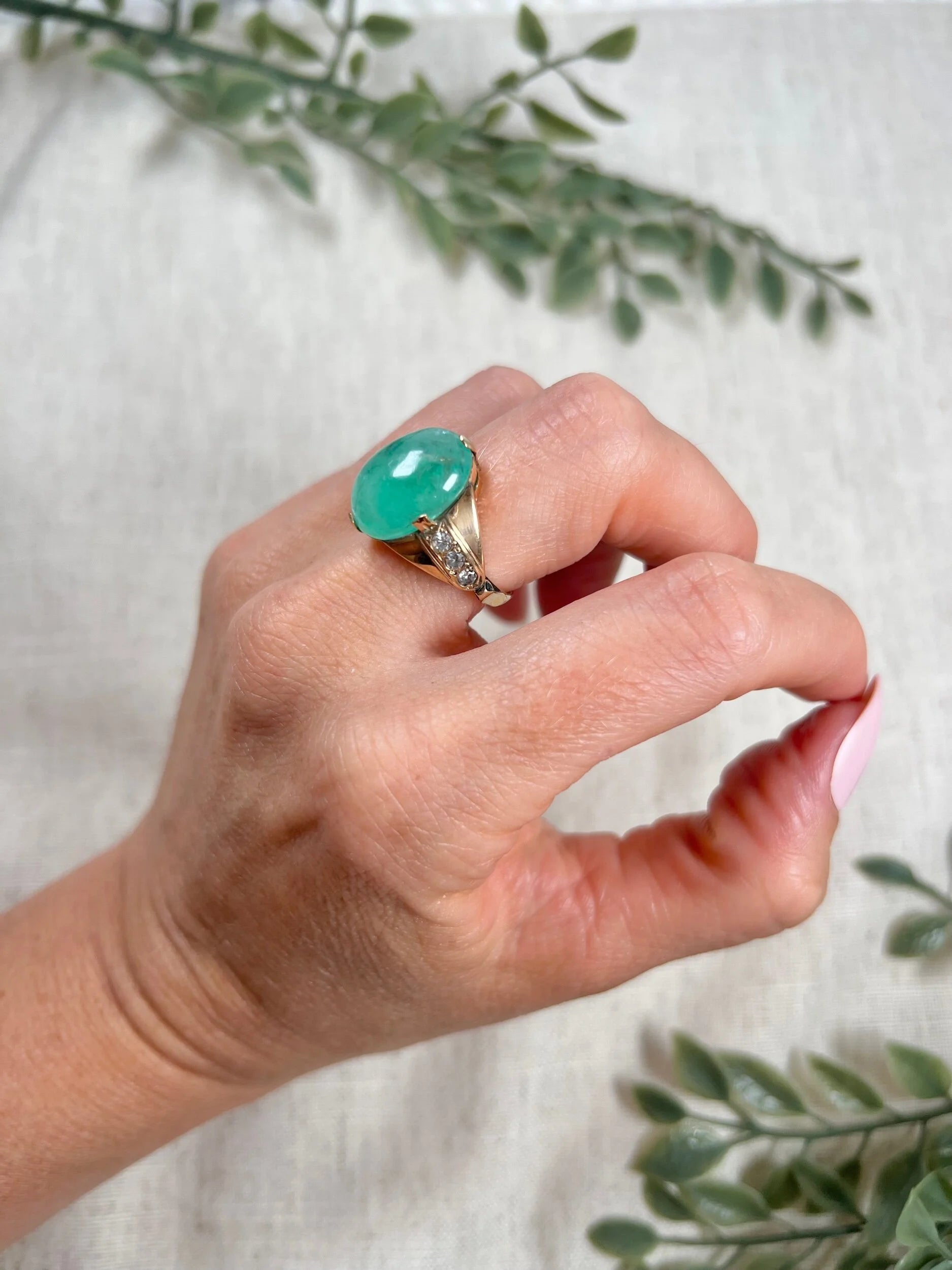 Vintage 14 Carat Rose Gold Cabochon Emerald and Diamond Ring, Circa 1960