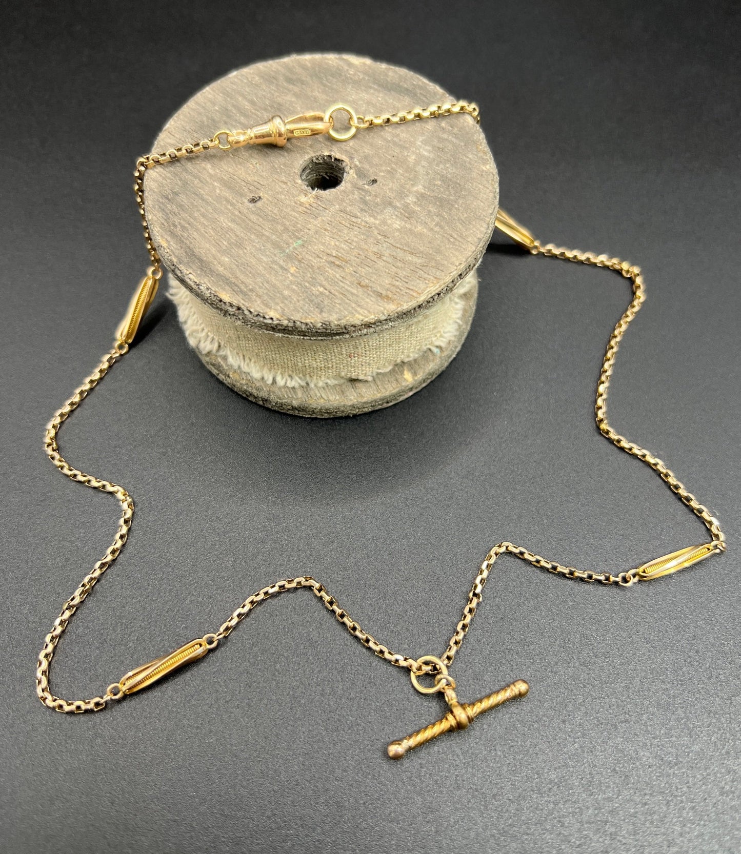 Antique 9 ct Gold Edwardian Fancy Twist Link Belcher Chain With Spiral Twisted T-bar