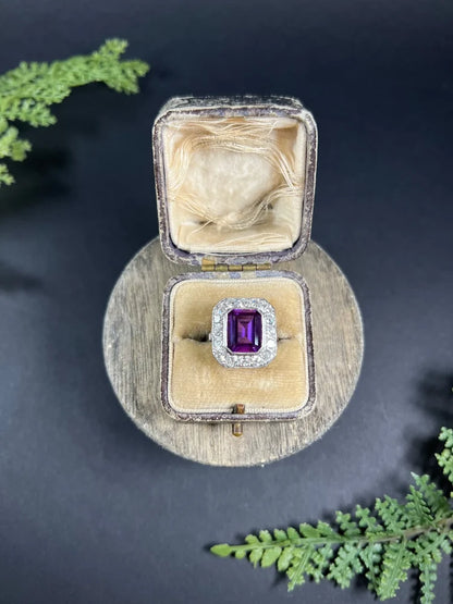 Antique Art Deco Amethyst and Diamond Rectangular Cluster Engagement Ring