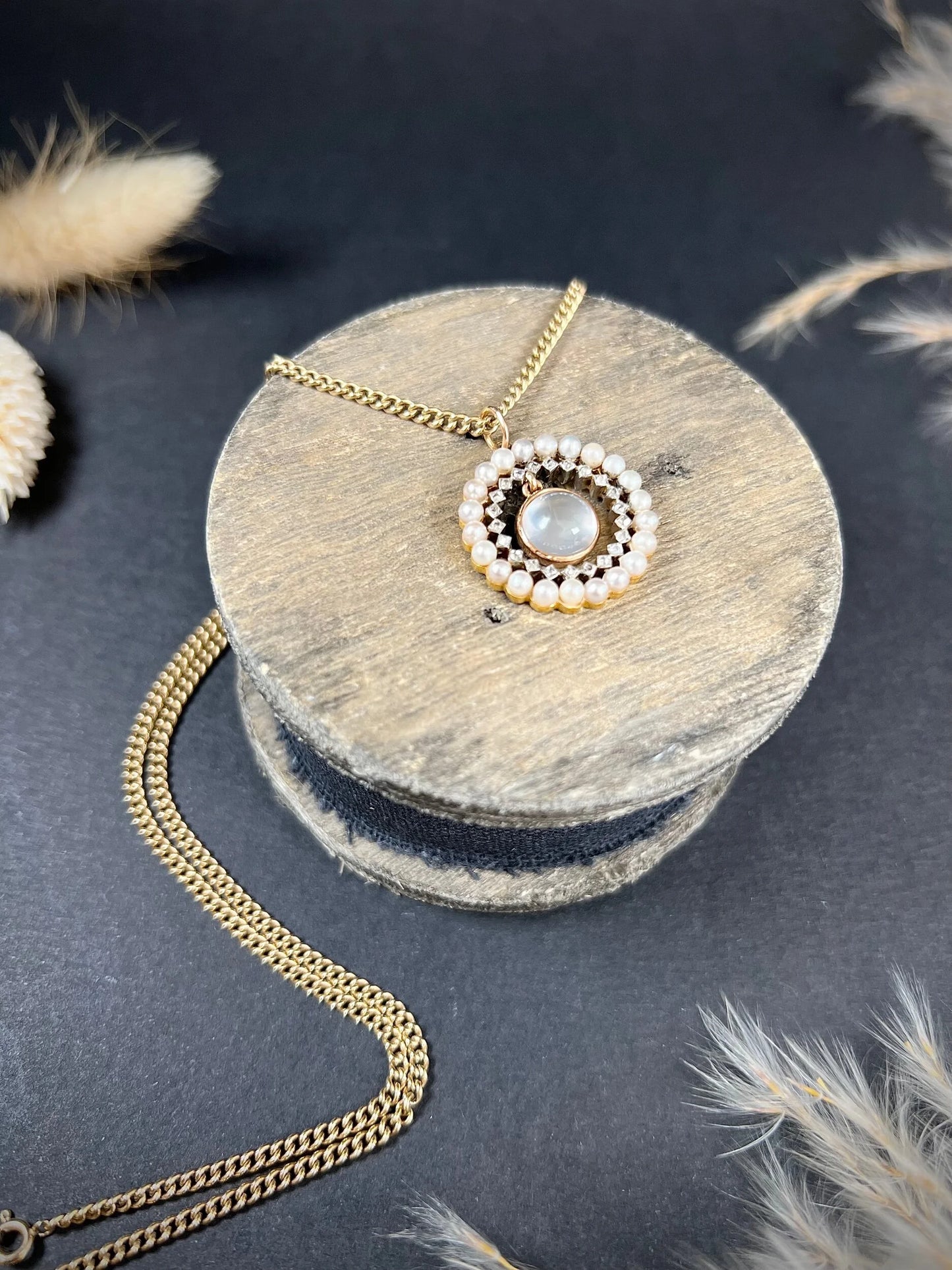 Antique 18 Carat Gold, Platinum, Moonstone, Diamond and Pearl Halo Pendant
