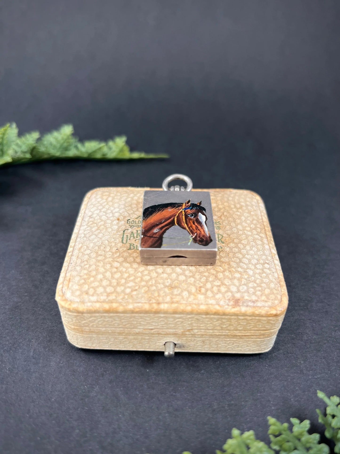 Antique French Silver, Edwardian Era Rectangular Enamel Horse Locket, Heirloom Gift