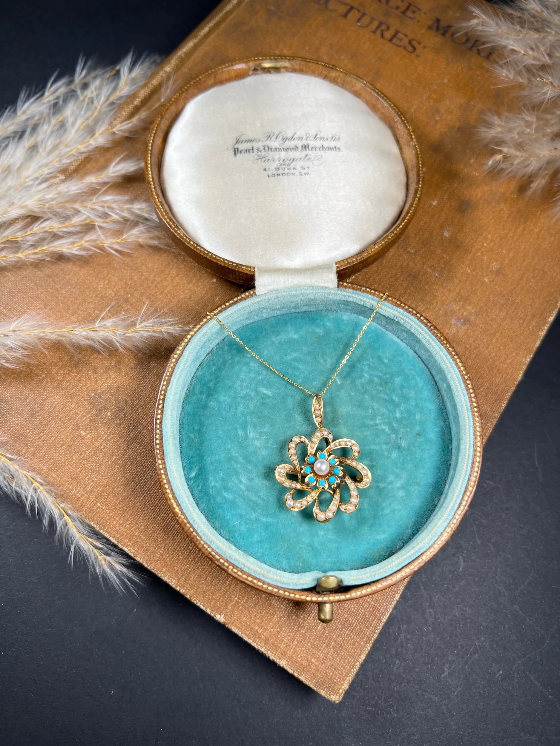 Antique 15ct Gold Edwardian Pearl & Turquoise Flower Pendant