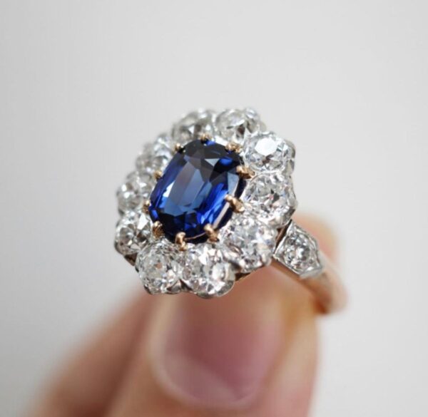 Antique Victorian French 1.77ct Sapphire and Old Cut Diamond Cluster Ring