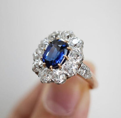 Antique Victorian French 1.77ct Sapphire and Old Cut Diamond Cluster Ring